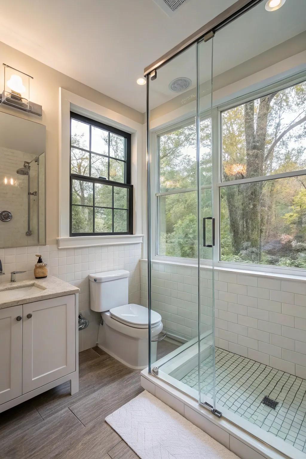 Bathroom with bright, open concept featuring transparent dividers and plenty of light.