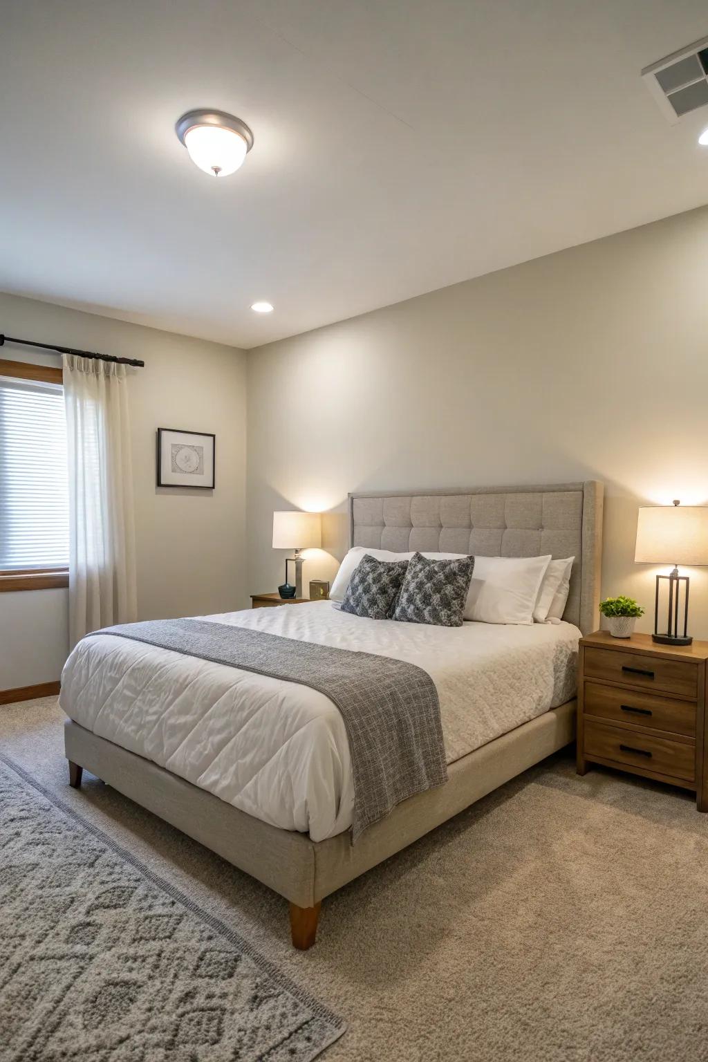 A centrally placed queen-size bed enhances the room's harmony and balance.