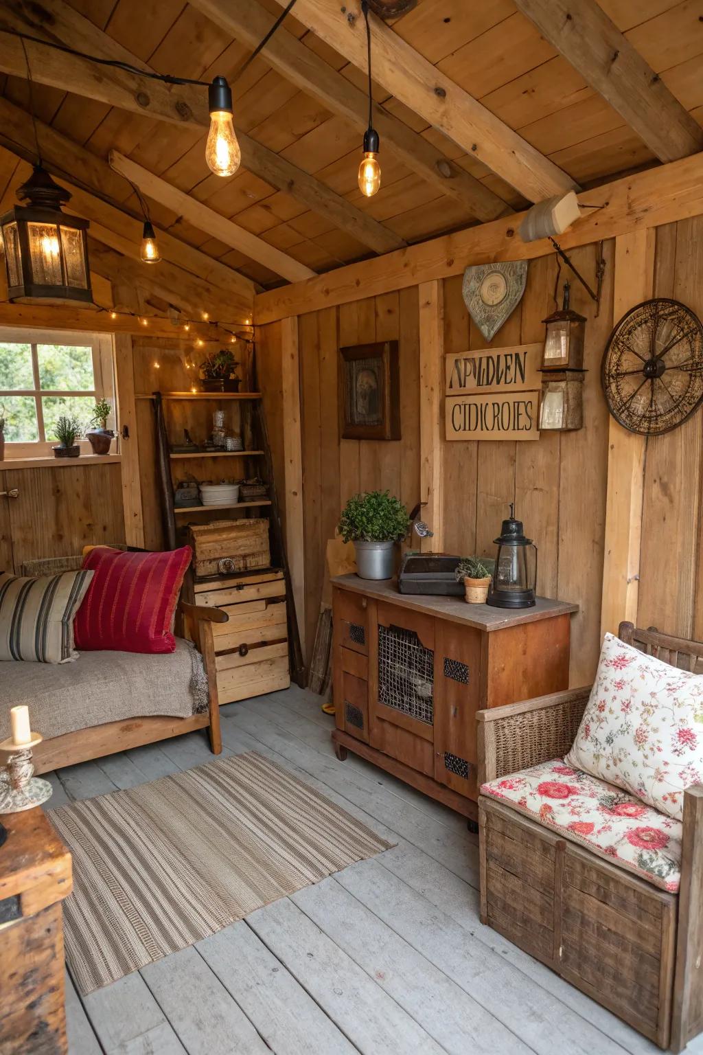 A country-style haven featuring timber siding and vintage decor for a warm, rural feel.