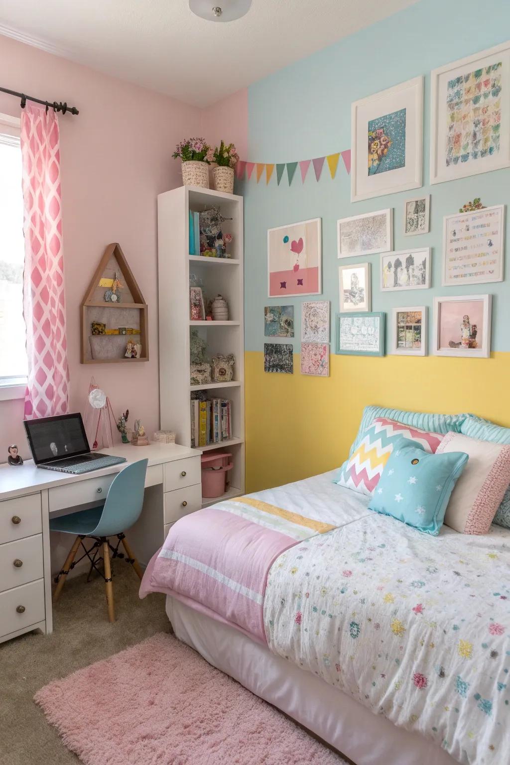 Gentle shades establish a peaceful vibe while incorporating an element of playfulness.