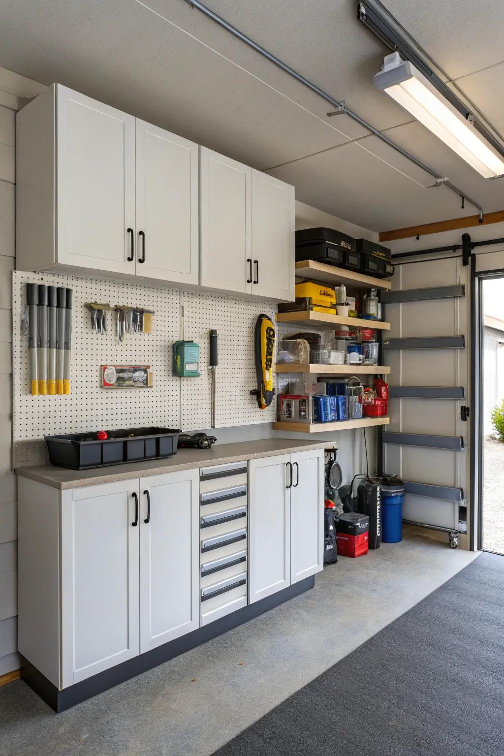 Wall storage solutions keep your garage organized and spacious.
