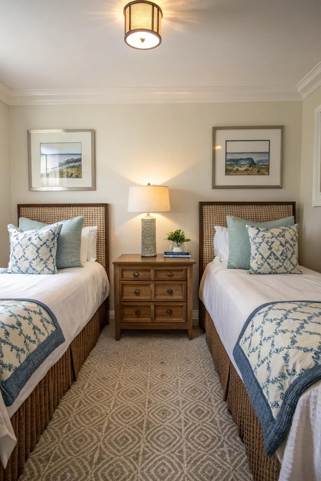 Balanced design using a central bedside table.