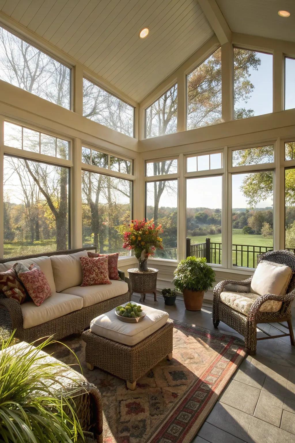 Bright and airy porch featuring expansive windows.