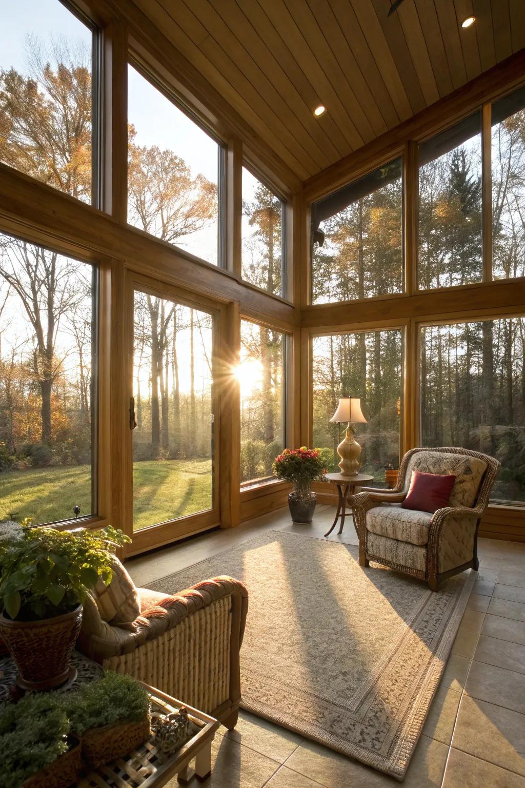 A sun-filled four season room featuring broad glass walls.