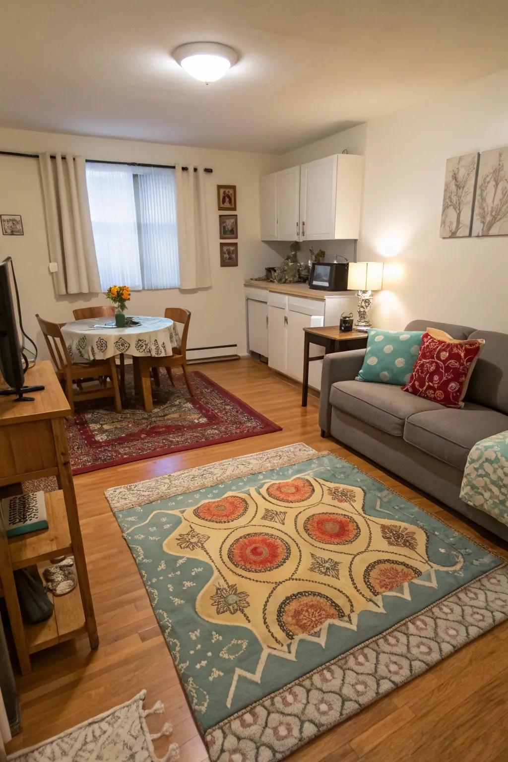 Rugs help define separate living zones without physical barriers