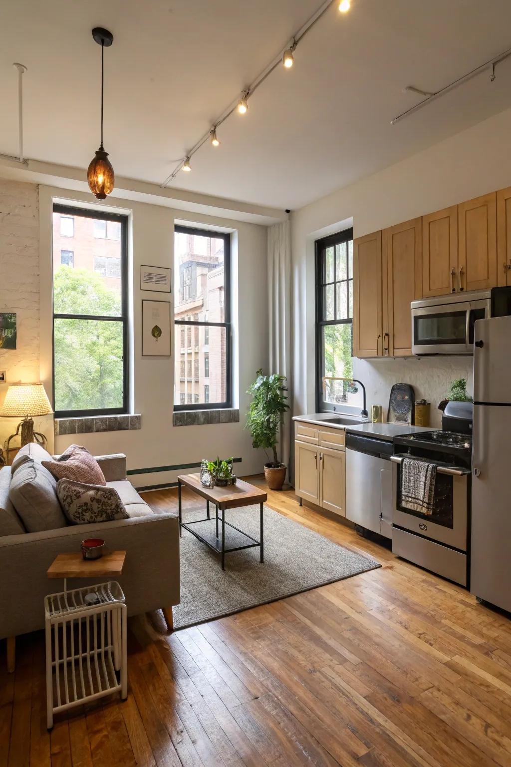 The open floor plan effortlessly merges the kitchen and living area.