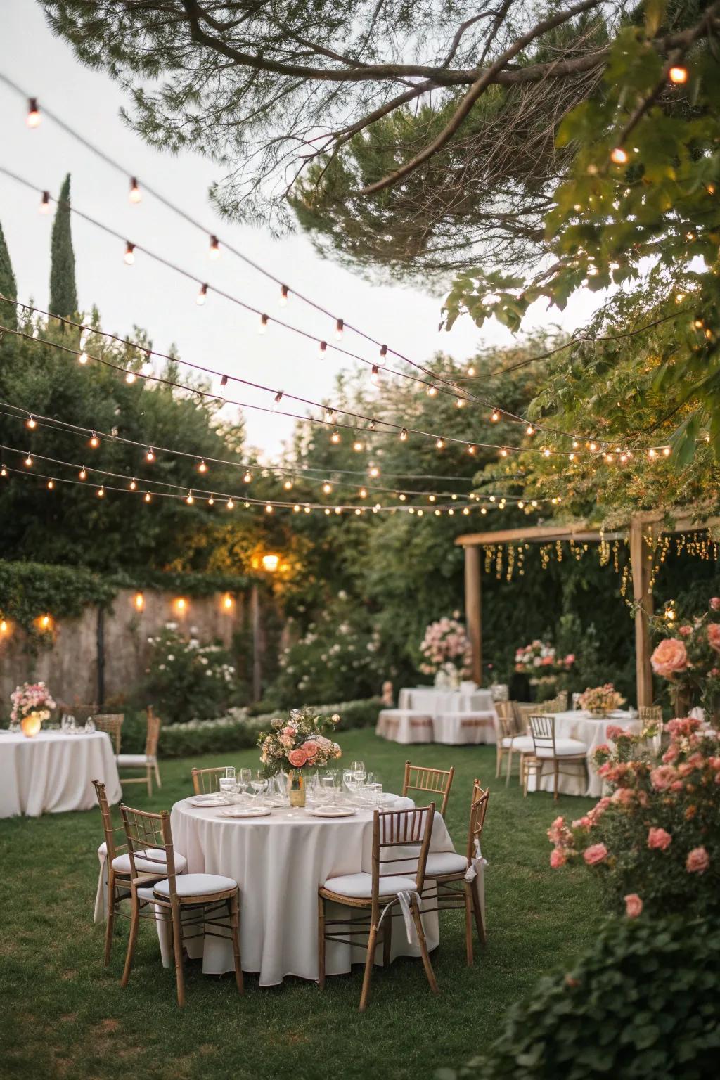 Host a classy garden party featuring elegant decorations and soft lighting.