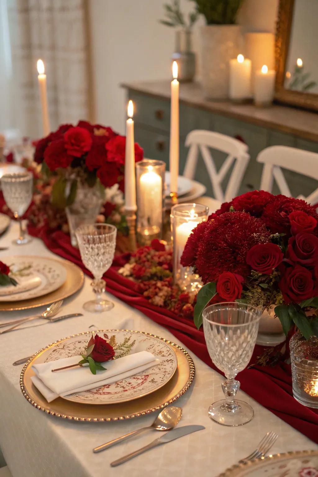 Ruby red floral centerpieces perfectly establish the ambiance for a 40th anniversary.