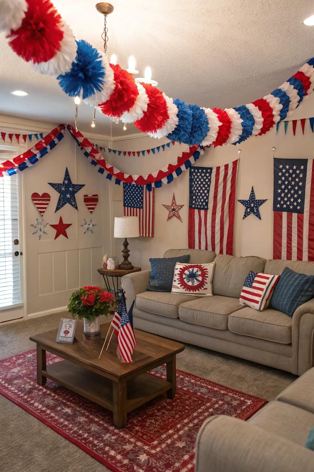 Hang vibrant streamers to set a festive 4th of July mood.