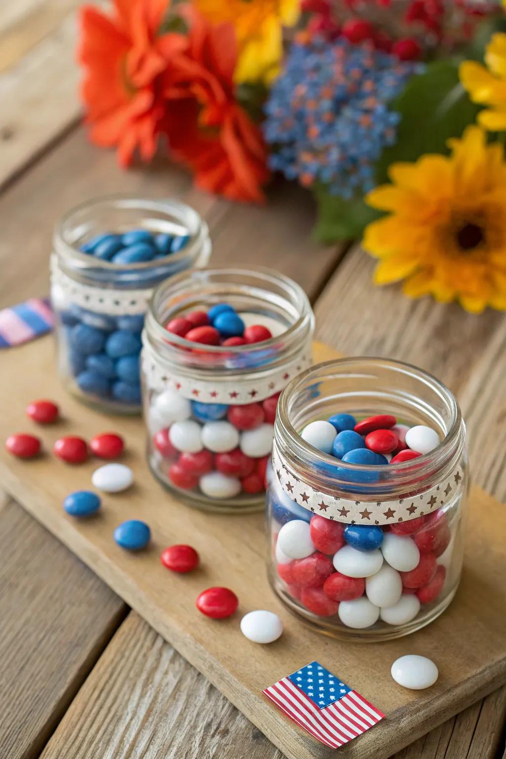 Mini glass containers filled with patriotic candies