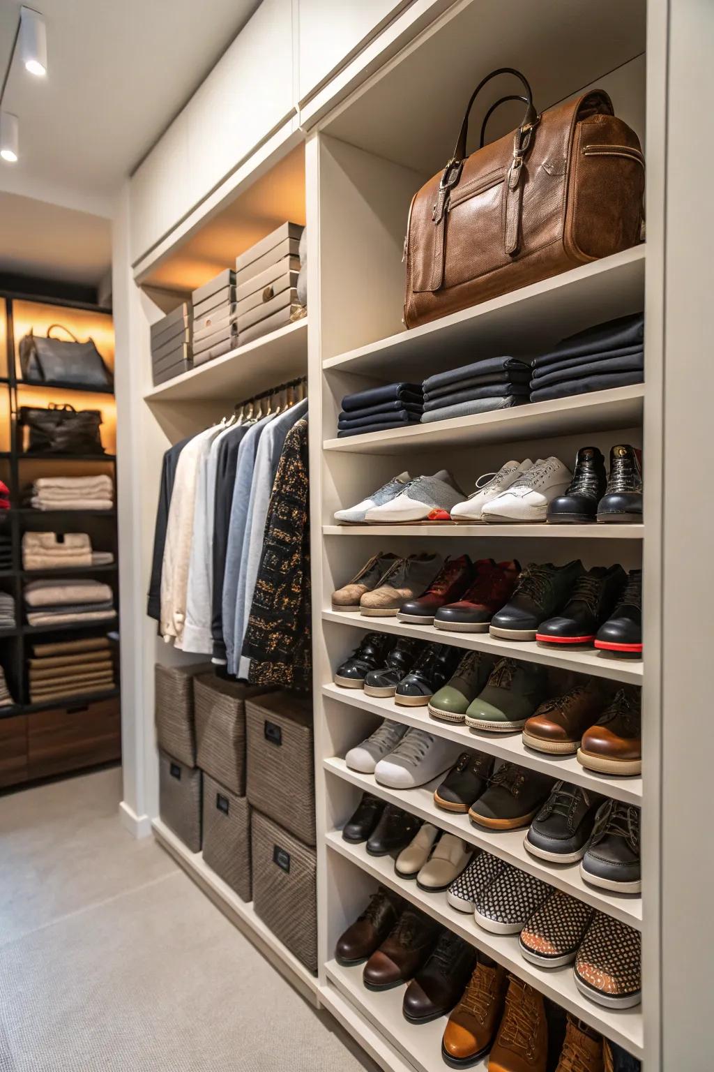 Effective use of vertical space in a small closet setup.
