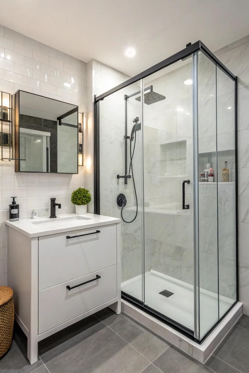 A corner shower is an effective way to save space in a smaller 4x6 bathroom.
