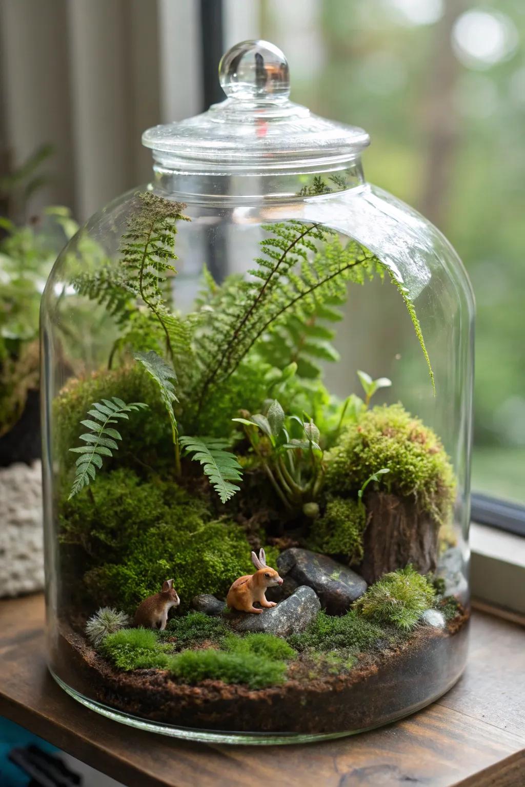 A small-scale rainforest terrarium showcasing ferns, mosses, and figurines.