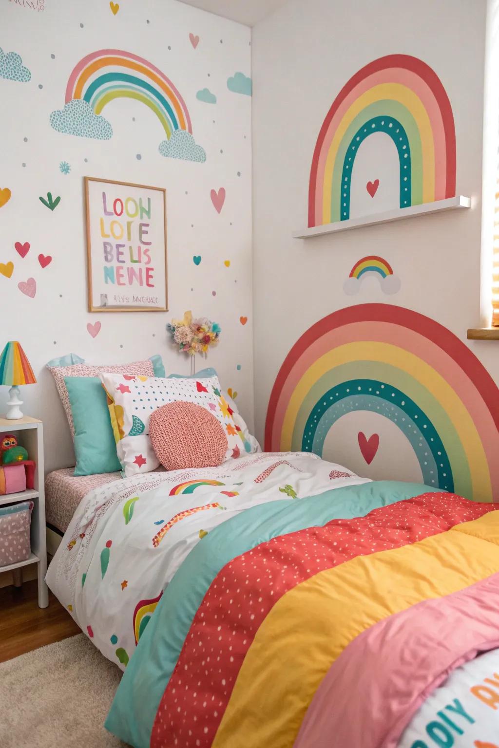 A vibrant bedroom with a rainbow theme that encourages joy and creativity.