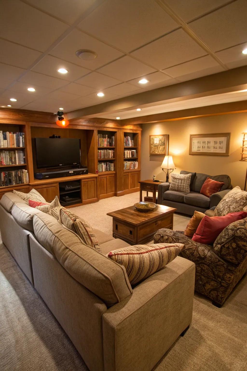 Design an inviting family lounge in your basement for delightful get-togethers.