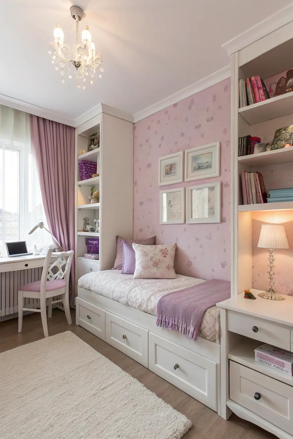 A balanced combination of light colors creates a tranquil feel in this girl's bedroom.