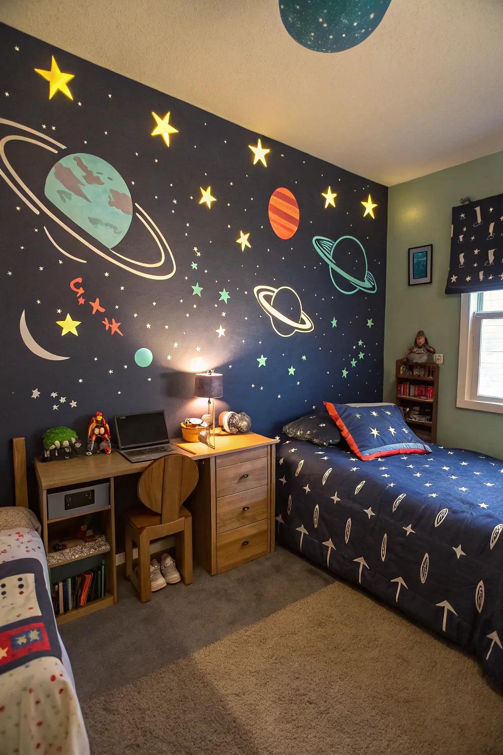 Create a celestial haven with space-themed decor.
