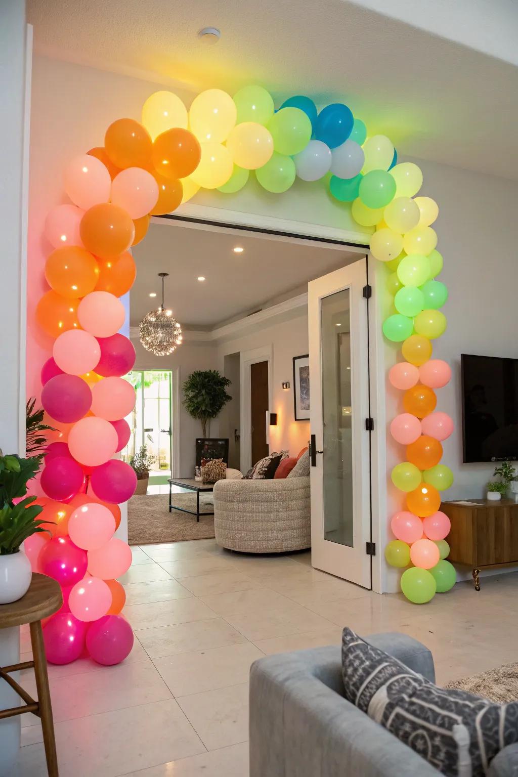 A radiant neon balloon entrance creates a lively atmosphere for an 80s theme celebration.