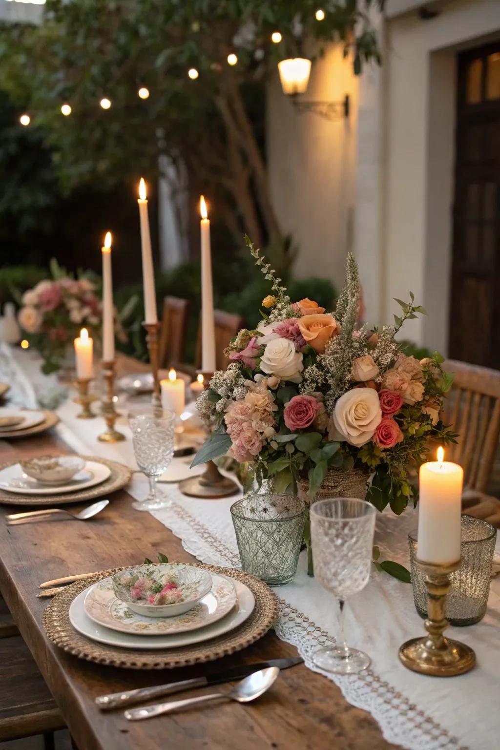 An exquisitely arranged table featuring flowers and candles, ideal for celebrating a milestone.