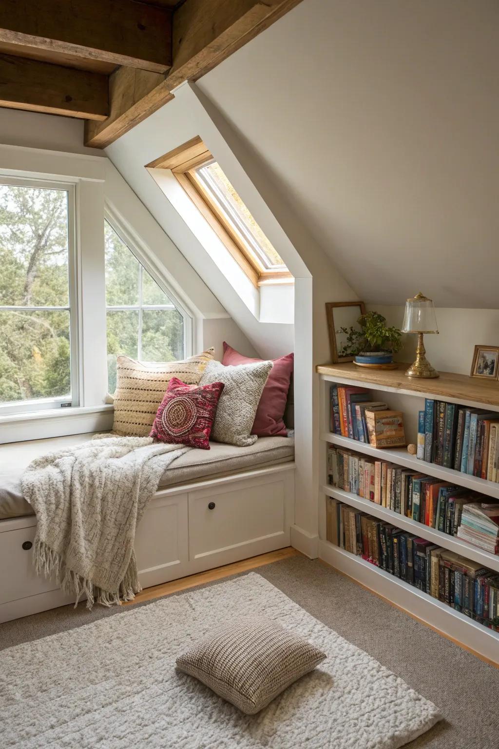 Establish a delightful reading spot in your A-frame attic for an ideal getaway.