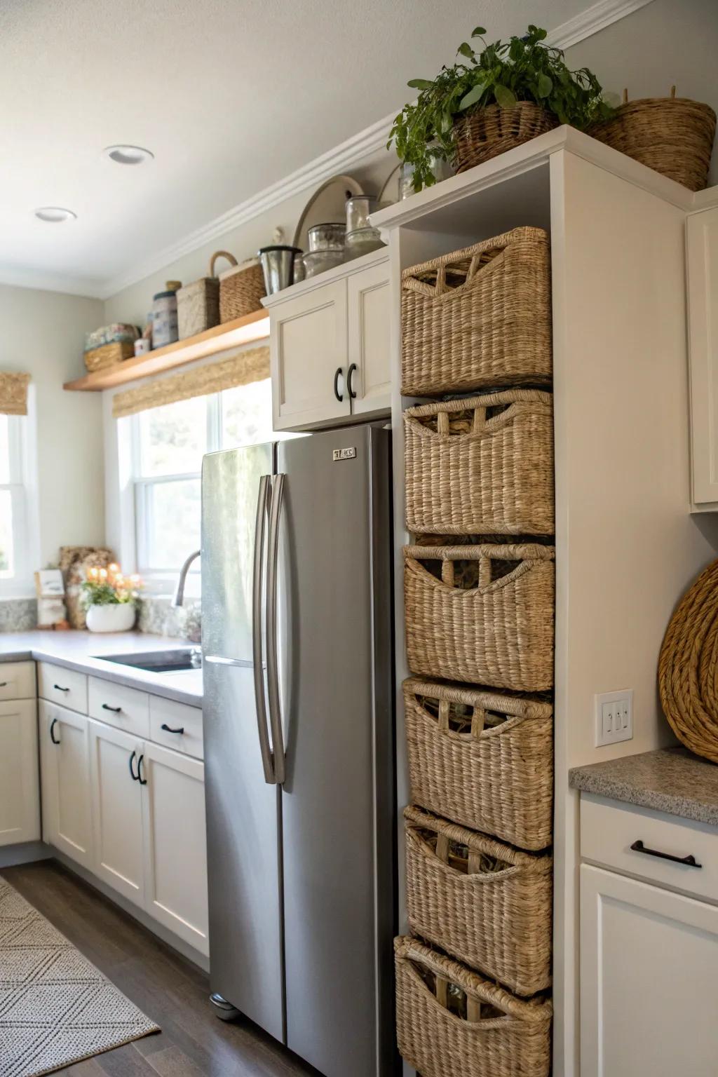 Employ woven baskets above the refrigerator for elegant storage solutions.