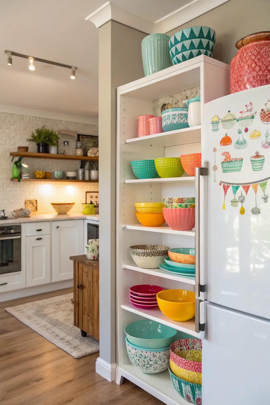 Open shelving transforms the area above your fridge into a blend of beauty and utility.