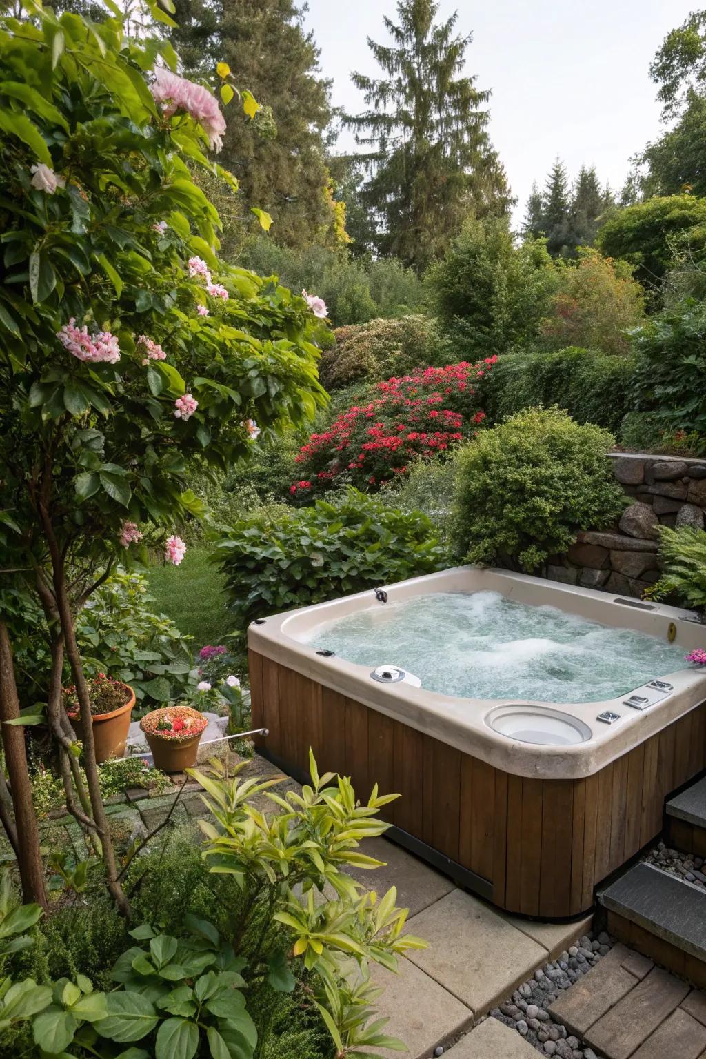Abundant flora introduces a hint of the outdoors to your hot tub section.