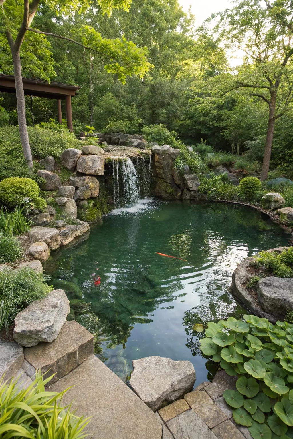 A captivating cascade of natural stone enhances the elegance of an elevated pond.