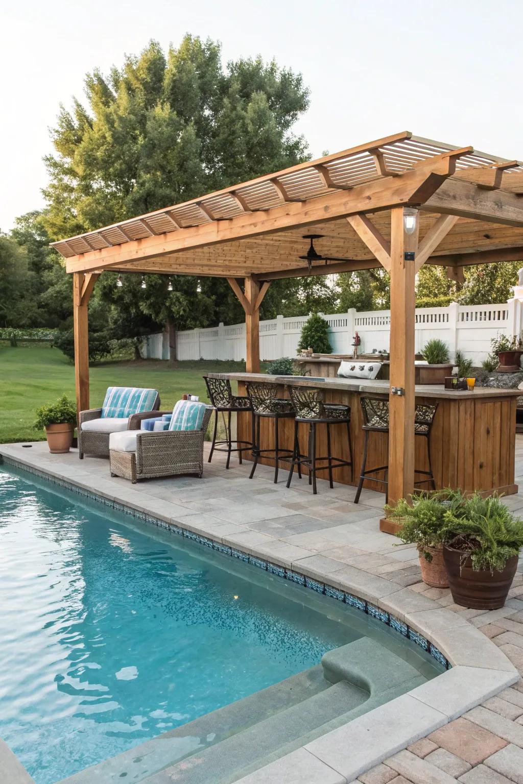 A pergola introduces both elegance and functionality to your pool bar.
