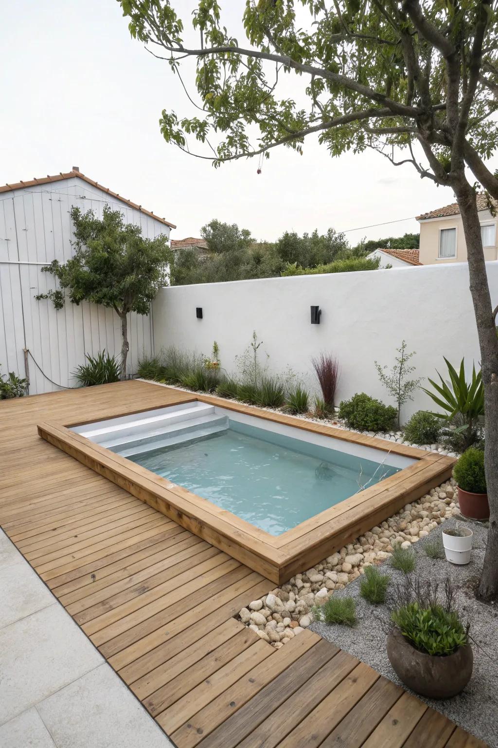 Simplicity is key with a sleek wood pool deck.
