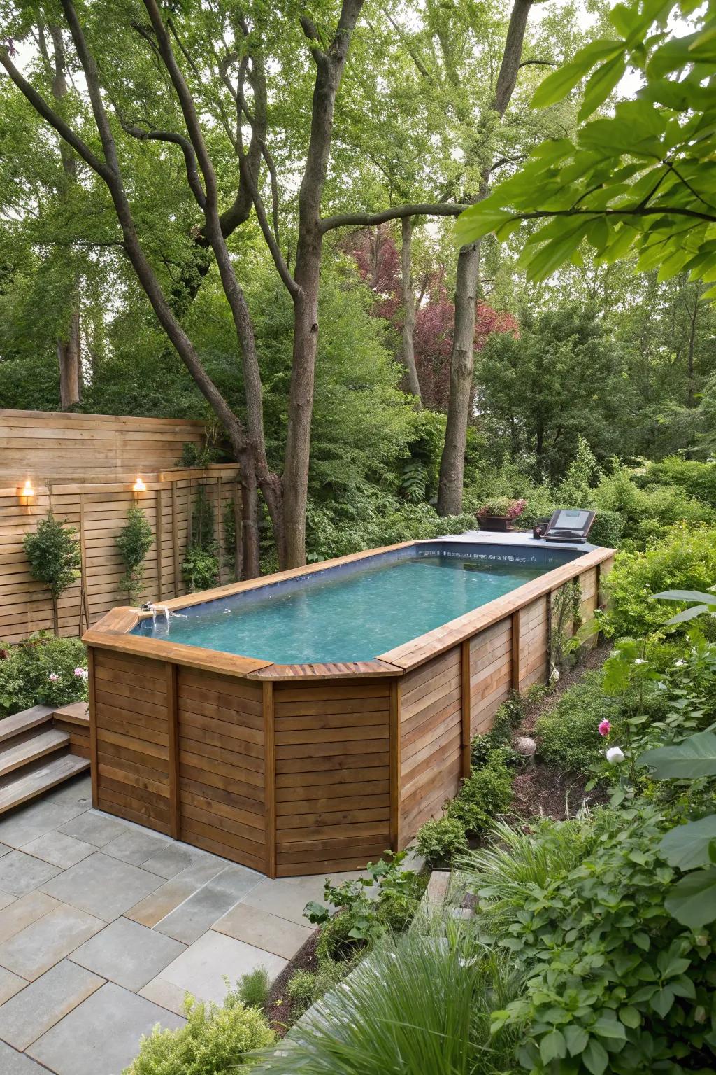 Wood-look siding brings a cozy and organic charm to above ground pools.