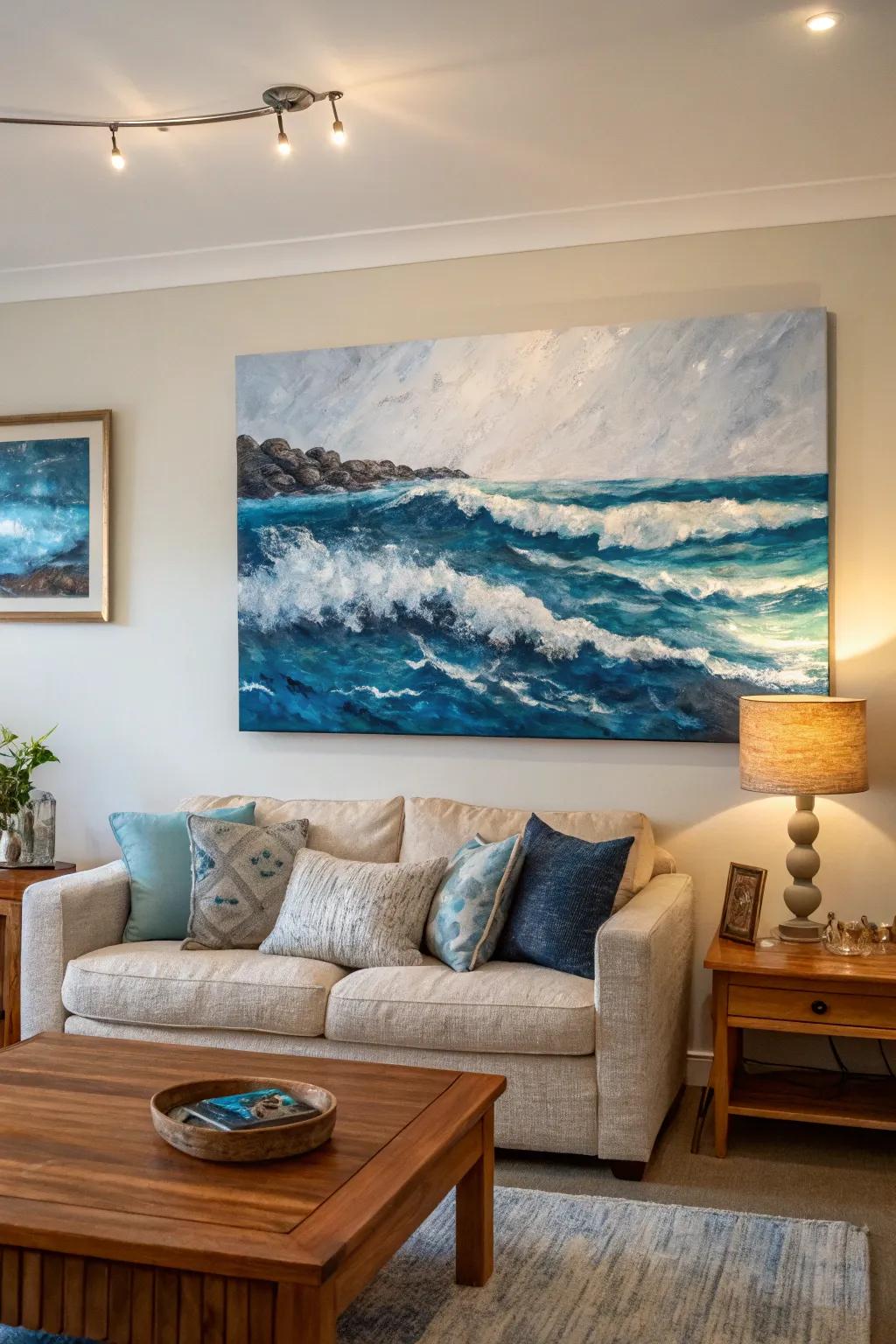 Abstract coastal artwork bringing the ocean's tranquility indoors