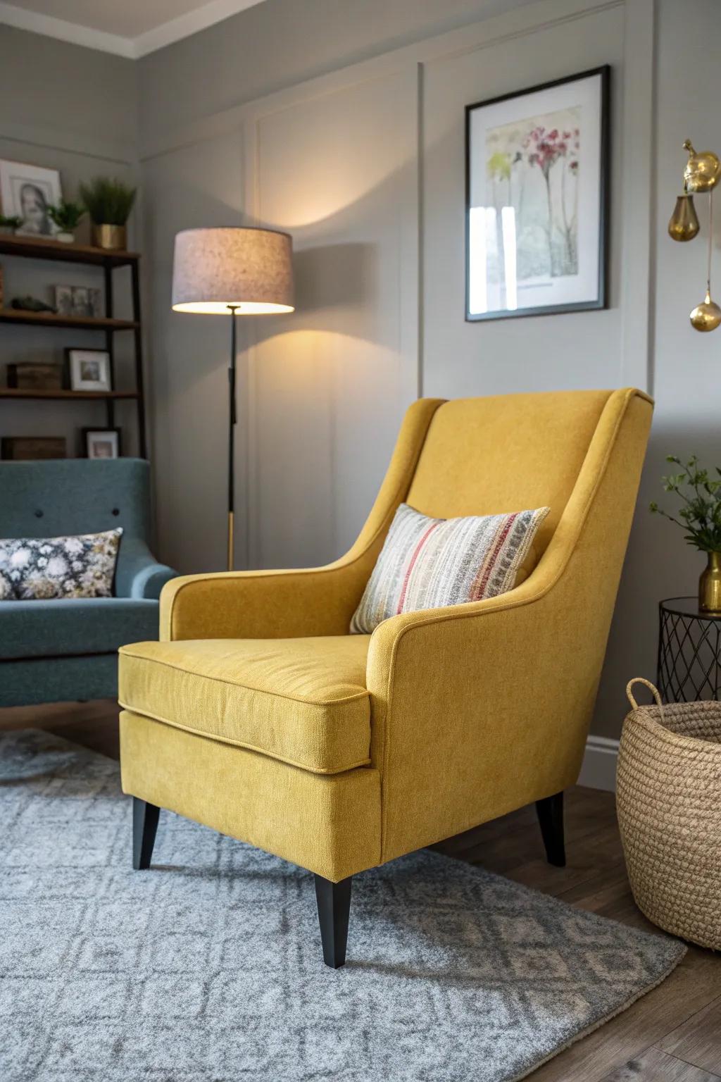 A mustard yellow accent chair brings a splash of color to a neutral living room.