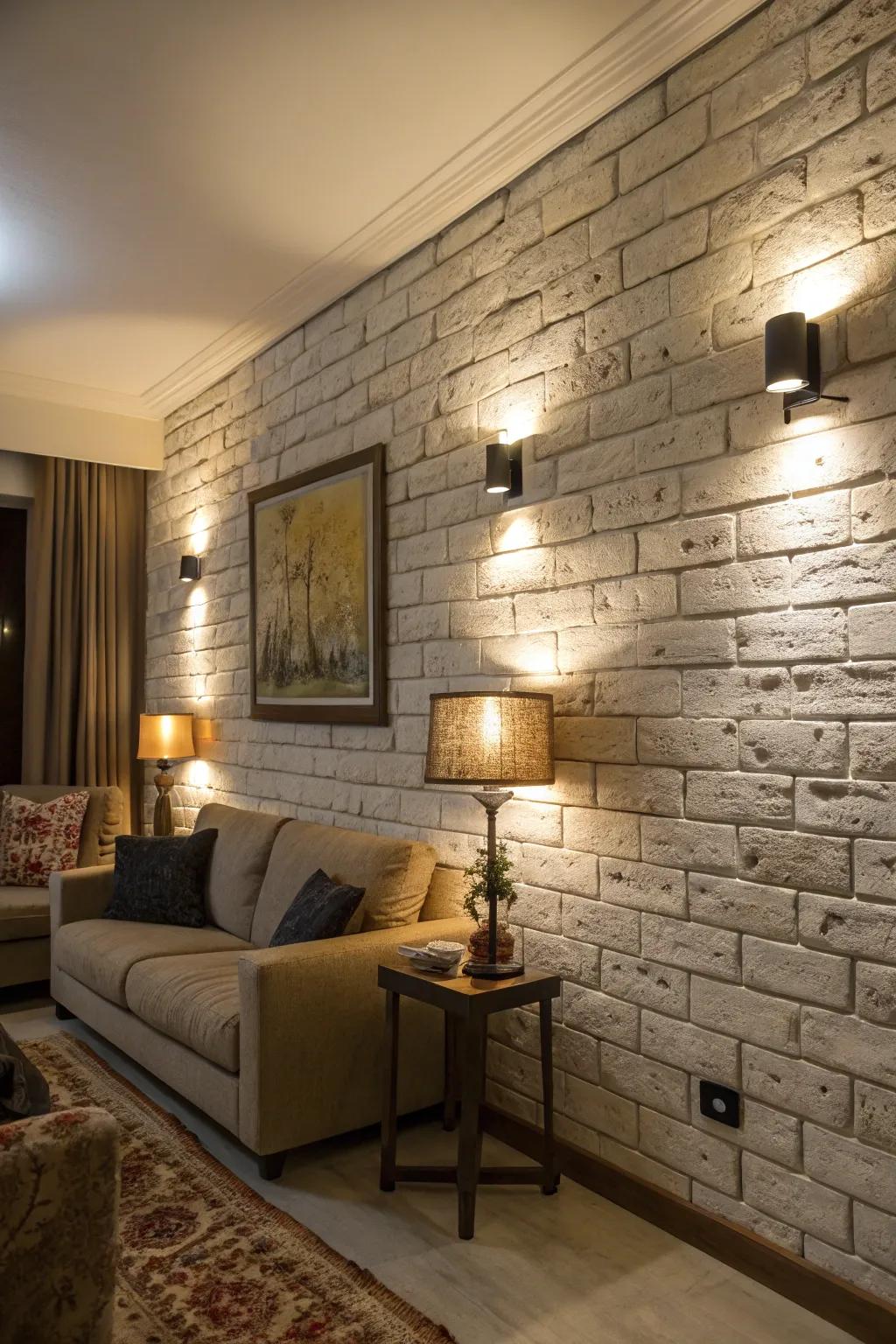 Wall-mounted luminaires enhance the visual impact of textured walls.