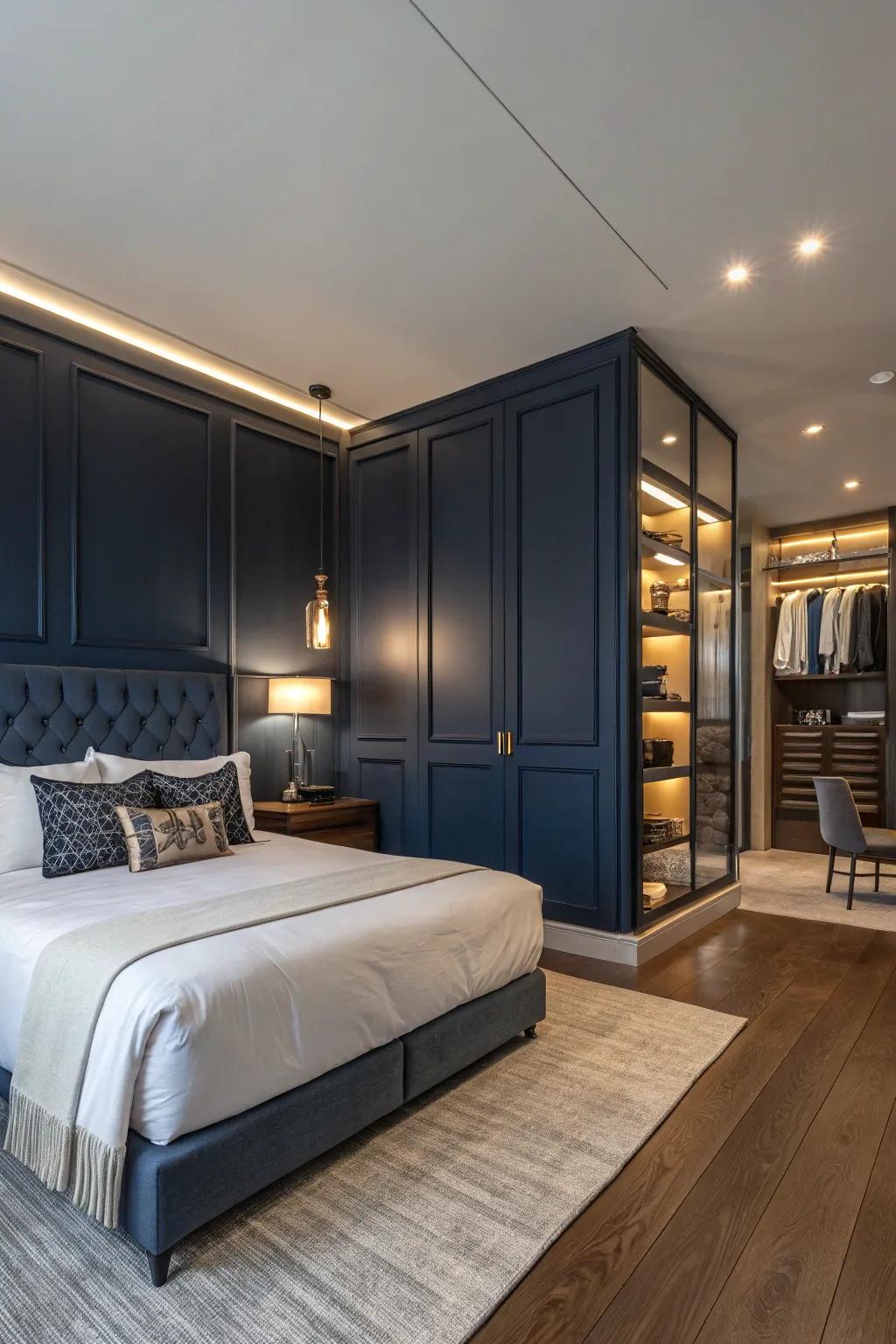 A deep blue feature wall lends refinement and depth to this comfortable bedroom.