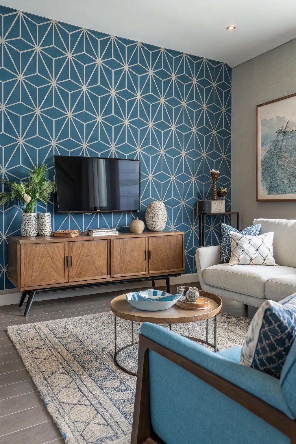 A stylish geometric pattern accent wall in a contemporary living space.