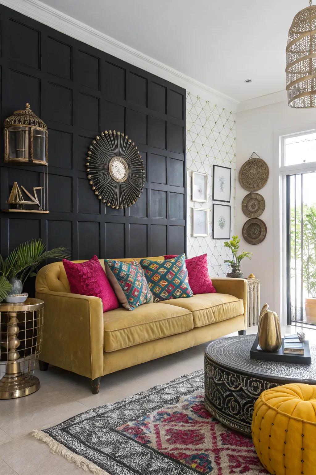 A stylish living room enhanced by a dark accent wall and lively decorations.