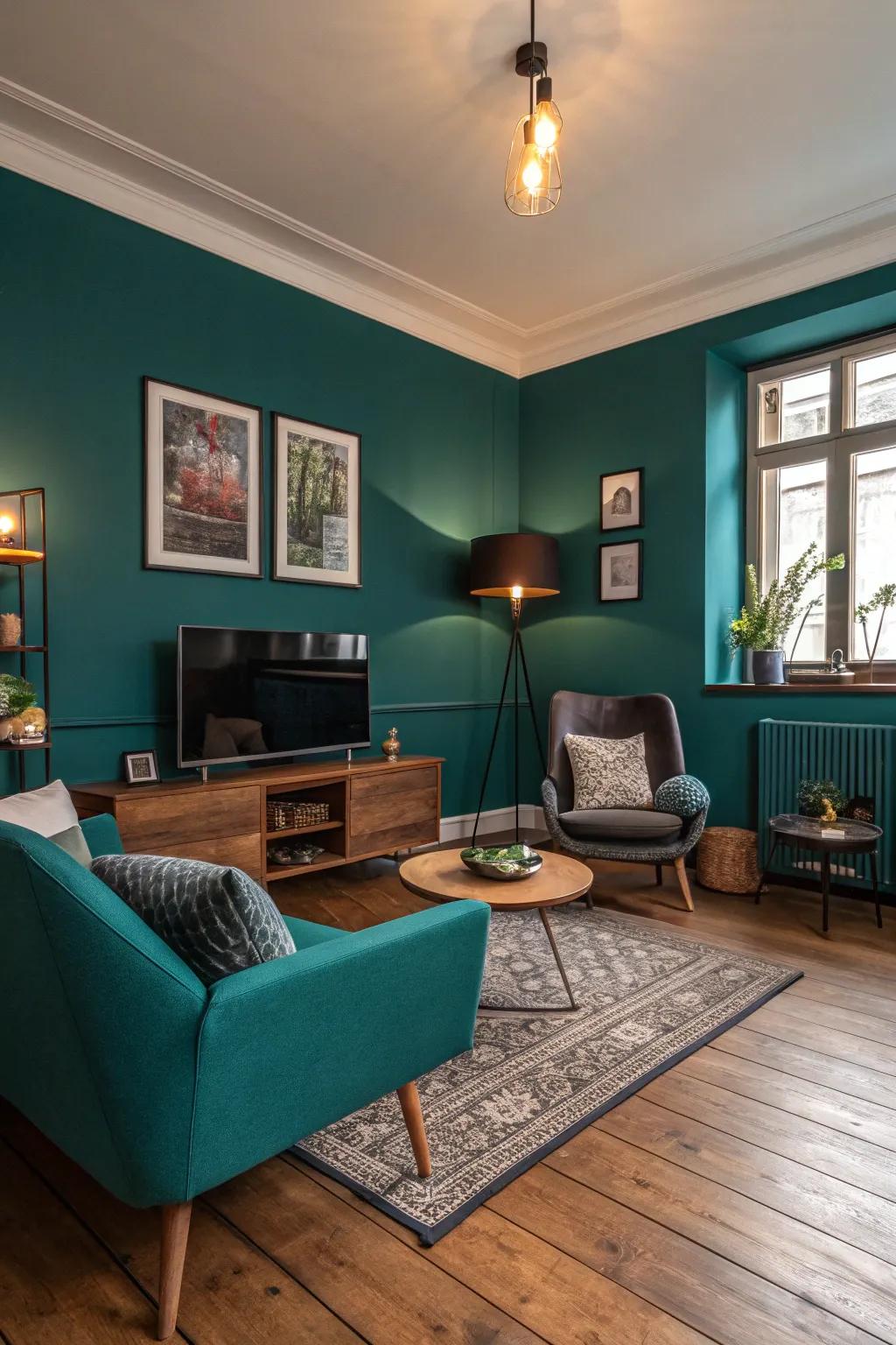 Cerulean accent wall injects a vibrant energy into the living area.