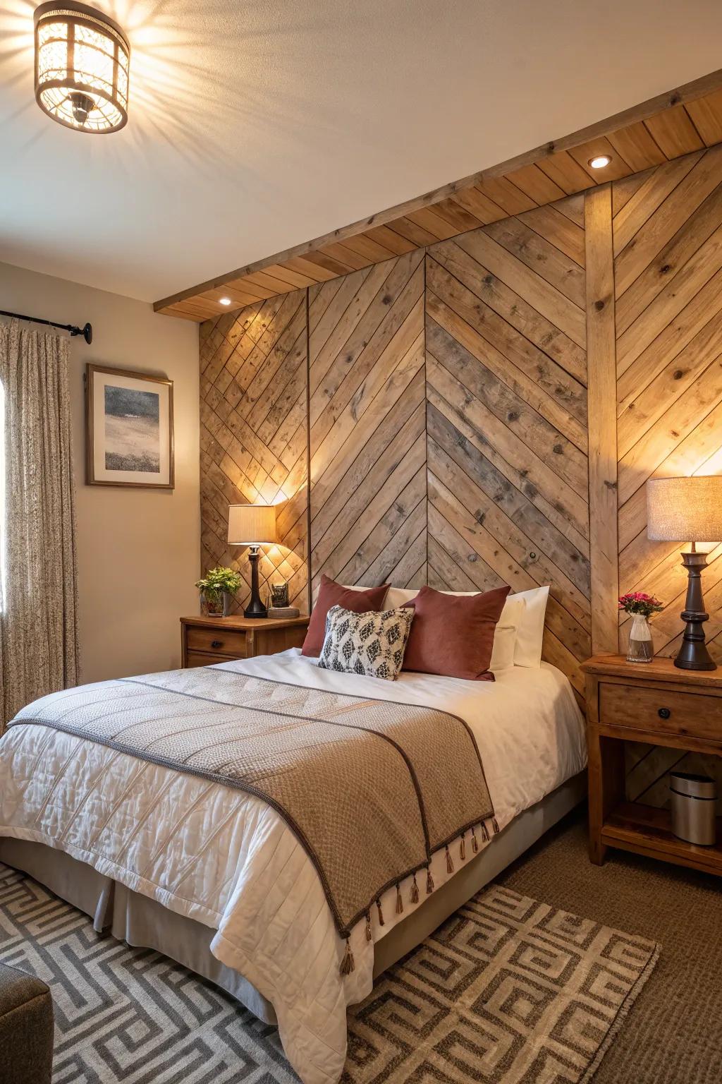 A sleeping quarters showcasing a textured timber feature wall.
