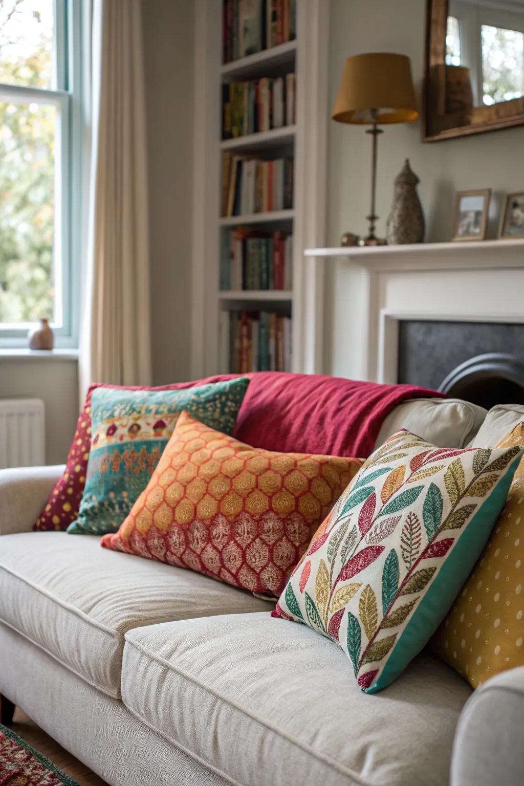 Redesign your sofa using a vibrant assortment of accent cushions.