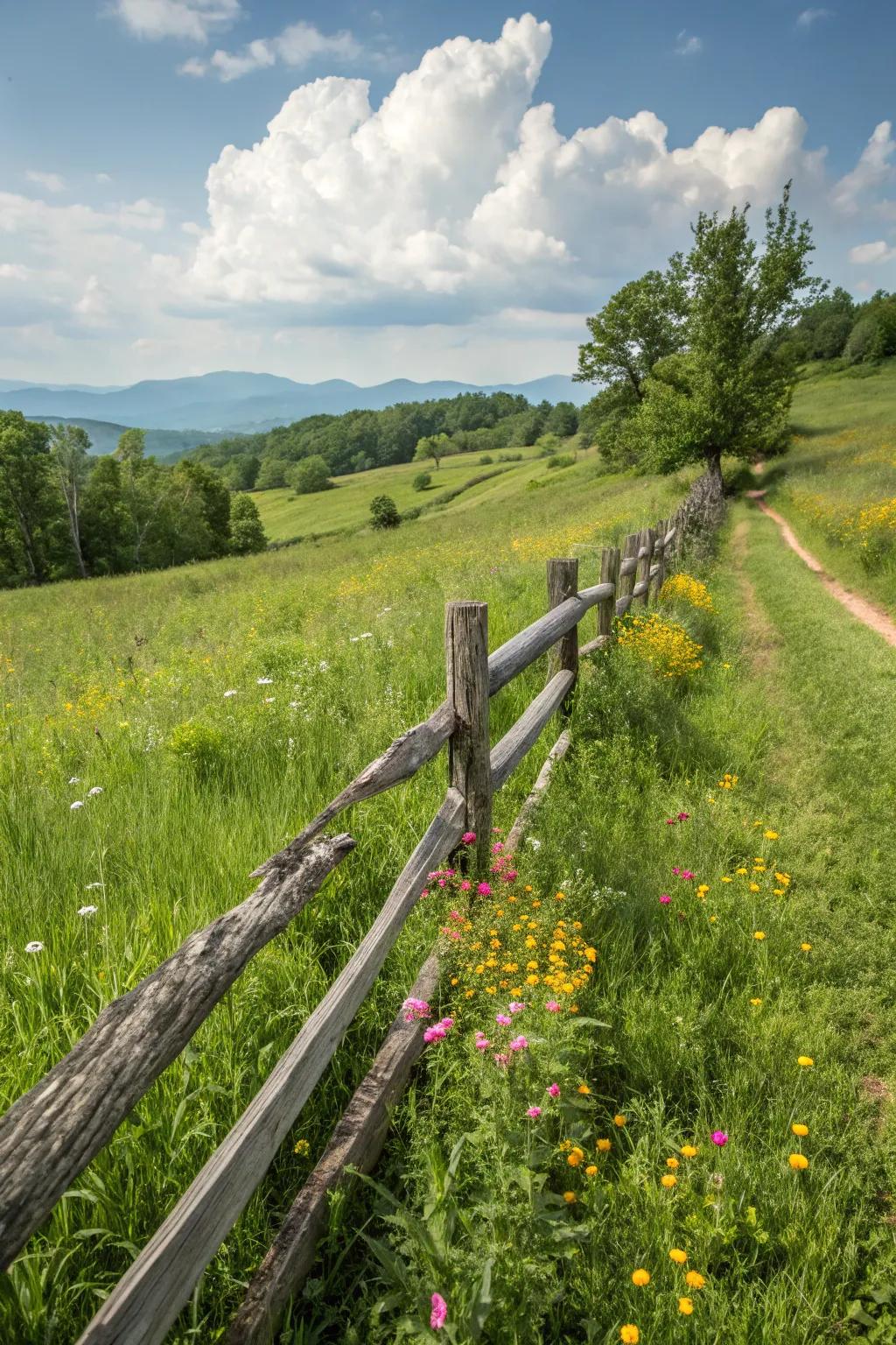 A traditional split rail fence lends a rustic touch to any setting.