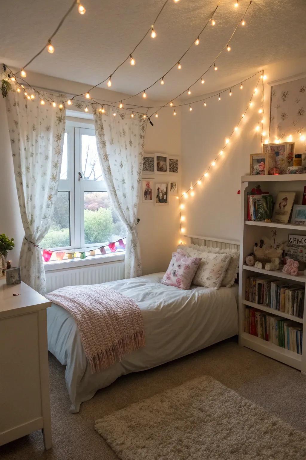 Twinkle lights spreading a welcoming radiance in a stylish girl's sanctuary.