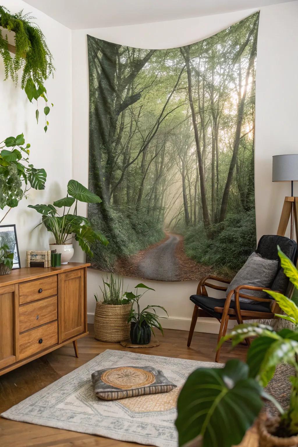 Nature-themed wall hangings bring outdoor serenity inside.
