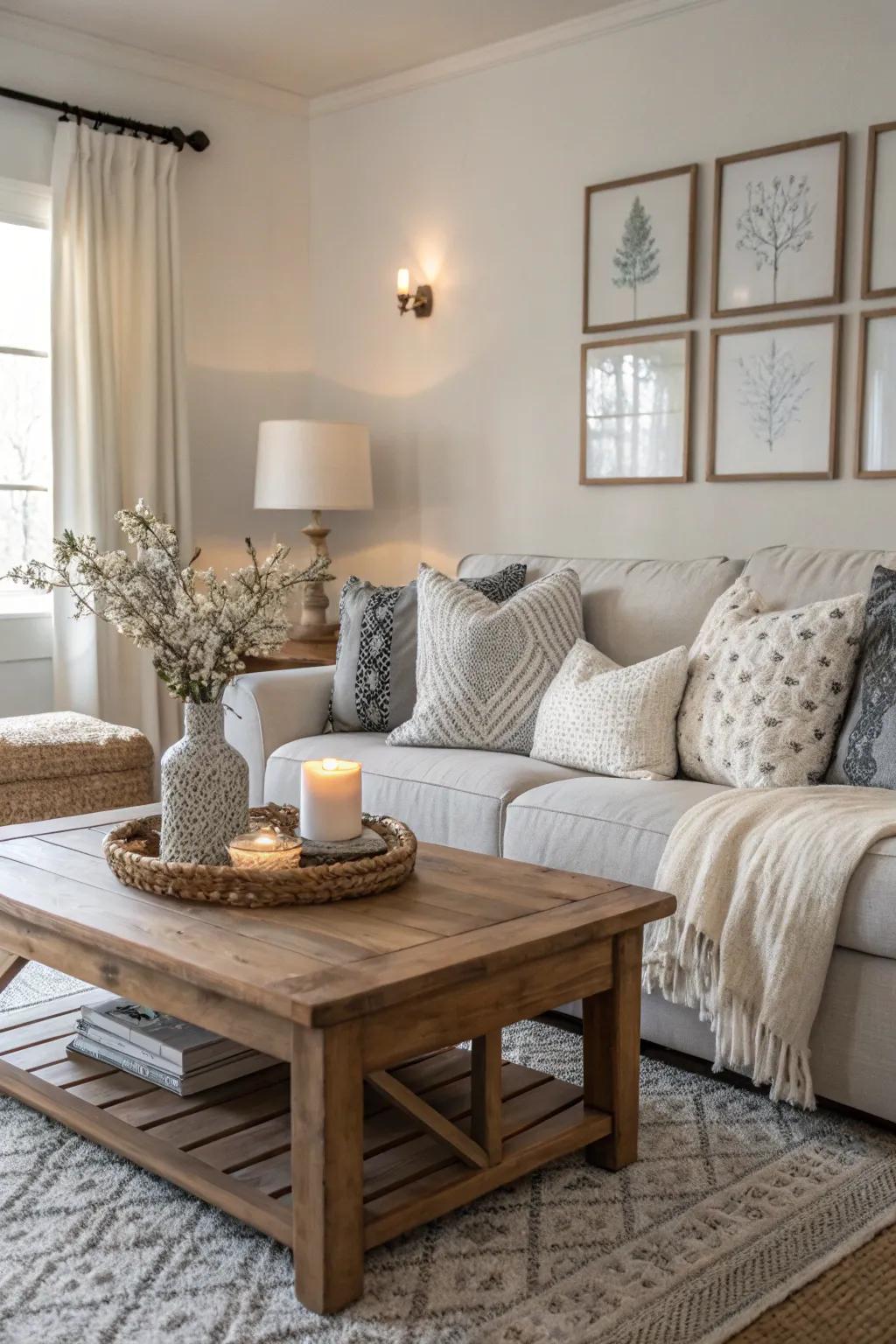 A peaceful living room showcasing a neutral color scheme