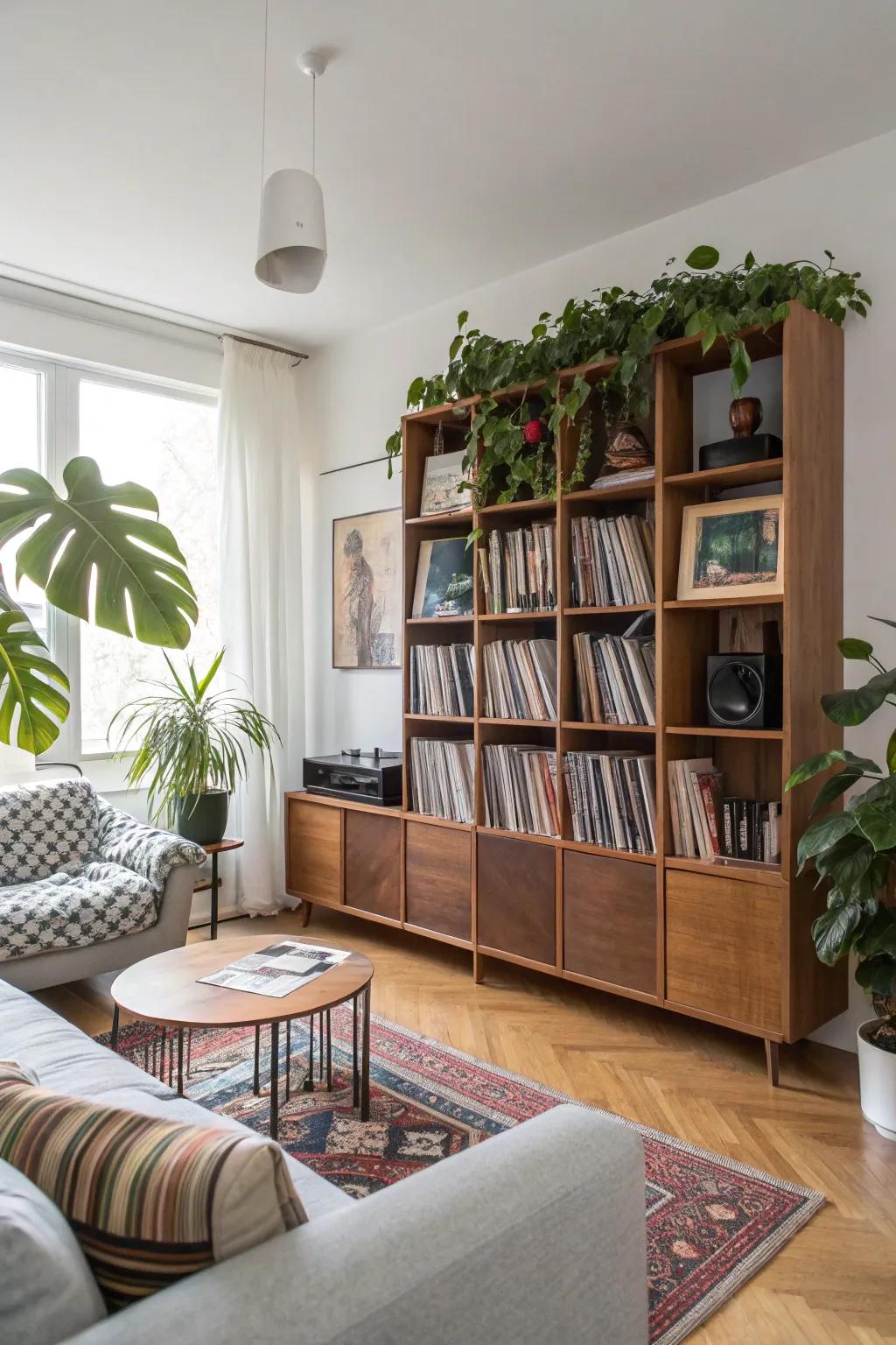 A modern shelving unit that beautifully displays vinyl records alongside decorative items.