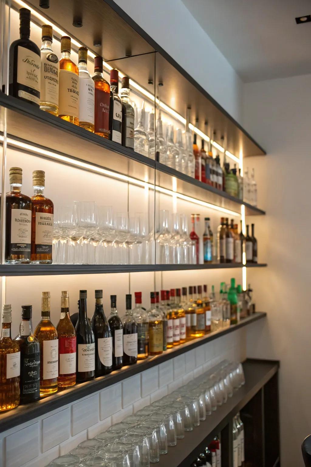Elegant wall-mounted shelves showcasing a variety of liquor bottles and glasses.