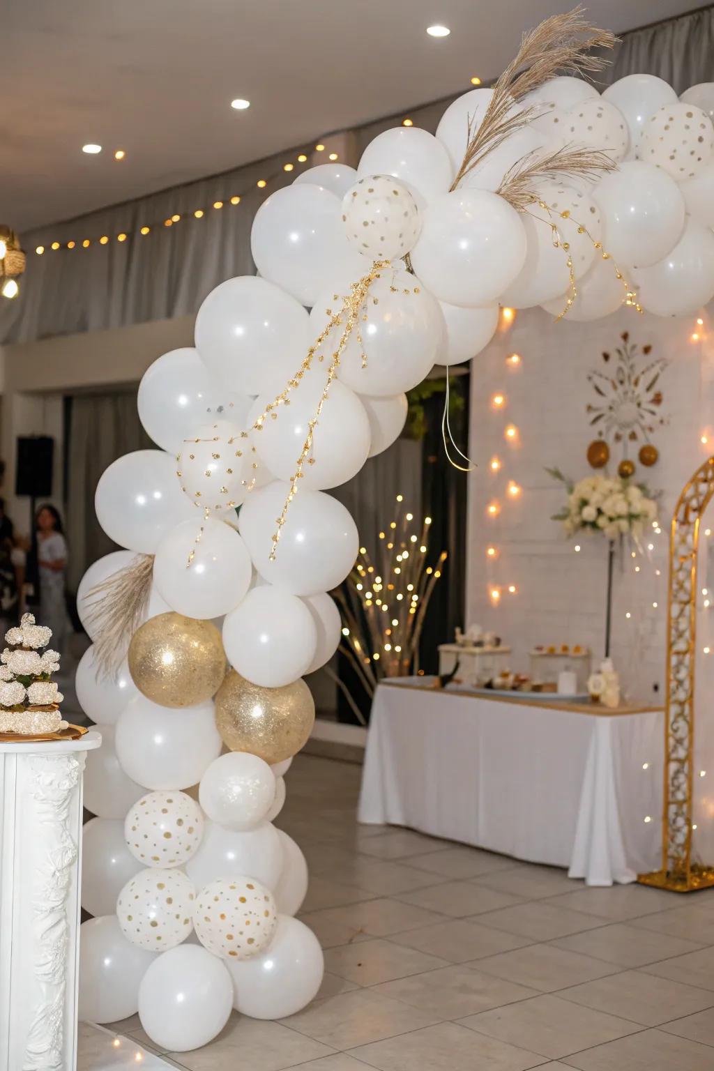 A stunning white balloon arch with gold accents for an elegant entrance.