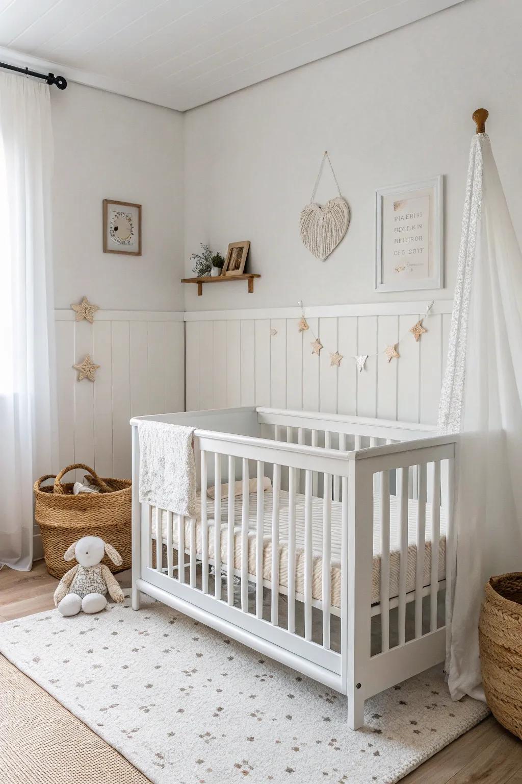 A white crib commands attention in a minimalist nursery setting.