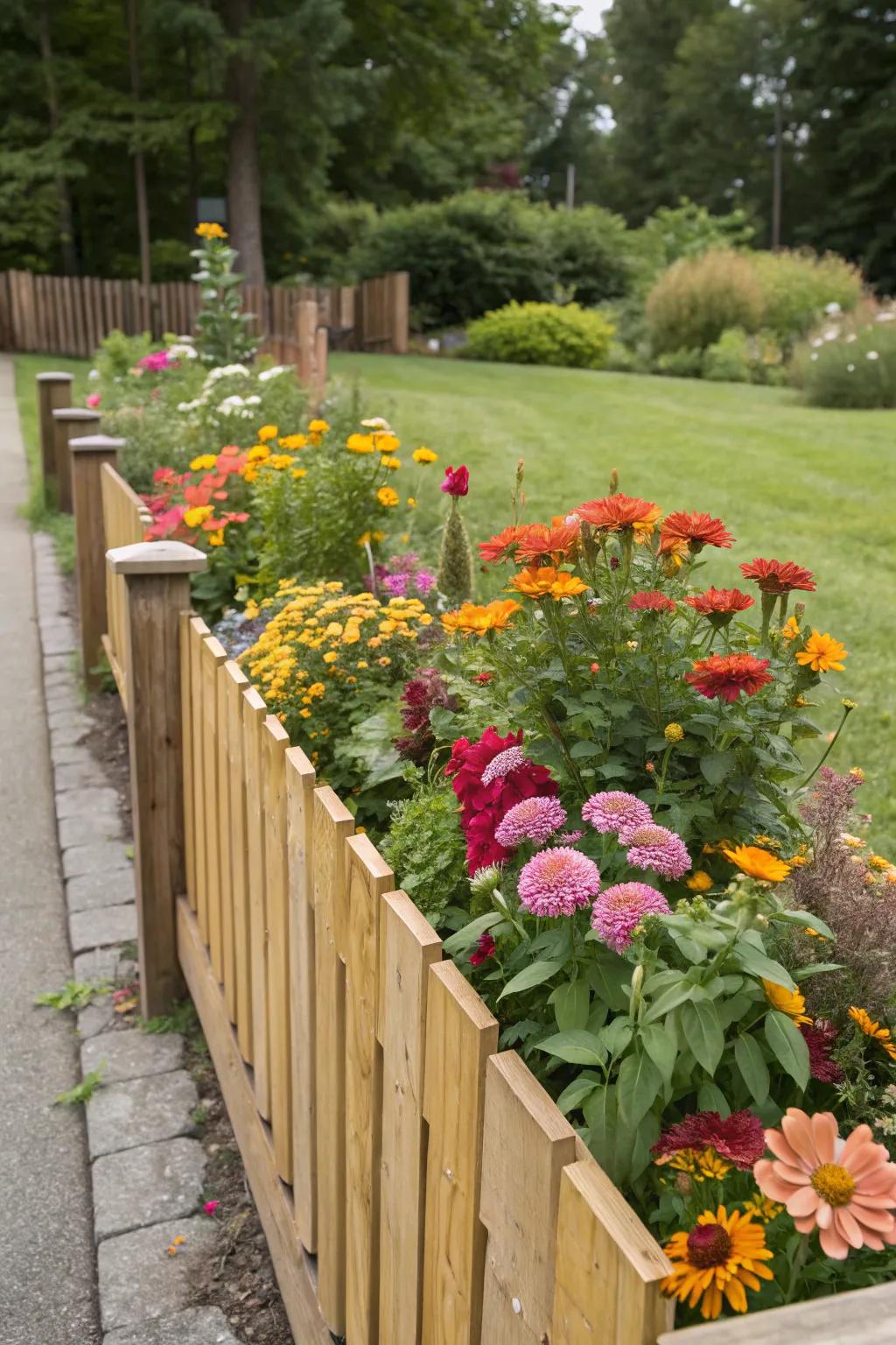 A vibrant flower patch improves the fence line attractively.