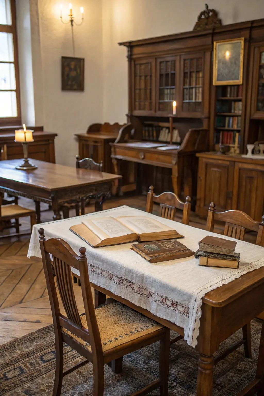 Vintage wooden furnishings introducing history and charm to a contemporary space.
